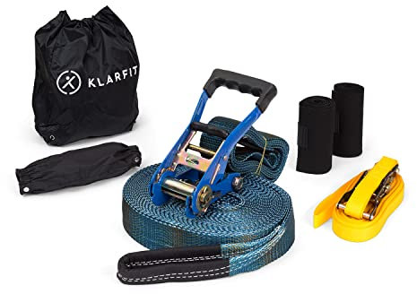 Klarfit Slackline, Slackline für Kinder & Erwachsene, Slackline-Set mit Übungsline, Ratsche, Seile & Hilfs-Slackline, Baumschutz, 15m Zipline, 150kg Traglast, Ninja Warrior Inspirierte Trainingsgeräte