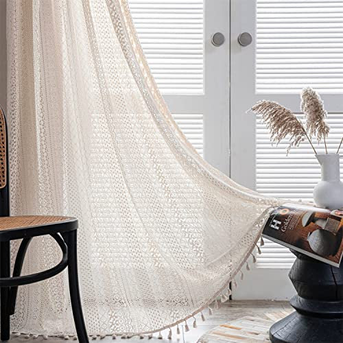 Sarah Duke Boho Vorhänge Beige Vintage Vorhänge Landhausstil Häkeln Stricken Gardinen, Boho Polyester Baumwolle Vorhang für Küche Wohnzimmer Schlafzimmer,1 Stück (B 122 x H 274 cm)