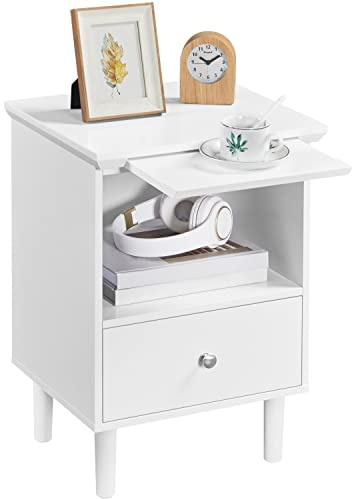 Yaheetech Mesita de Noche con Cajón y Bandeja Extraíble Mesilla de Noche de Moderno para Dormitorio Mesita Auxiliar de Pata Madera Pino Blanco 40×35×56cm