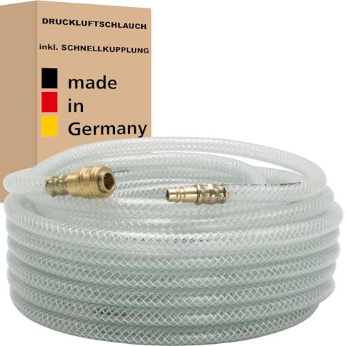 Druckluftschlauch inkl. Schnellkupplung (1/4) Druckschlauch Luftschlauch Gewebeschlauch Kompressorschlauch- Made in Germany - Transparent (13 x 19 mm - 5 m)