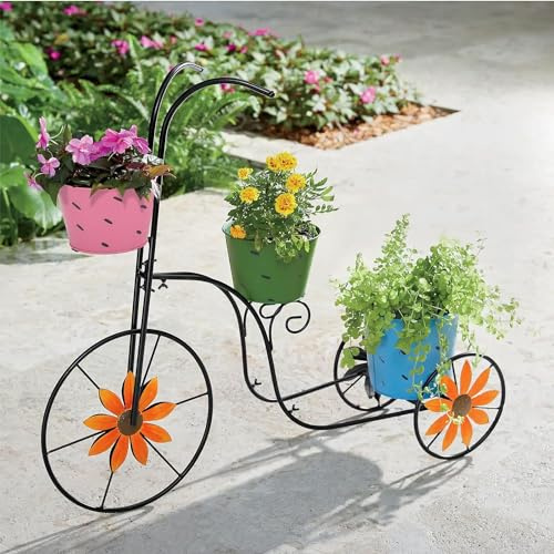 Metal Bicycle Planter Basket Stand, Metal Flower Pot Cart Planter Stand Decorative Outdoor Decor for Garden, Patio, Deck, Entry and Front Porch (Bicycle Planter)