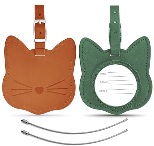 Leder Kofferanhänger 2pcs, Schöne Katze Koffer Anhänger PU Adressanhänger Koffer Sichere Gepäckanhänger für Koffer Gepäck Reise (braun und grün)