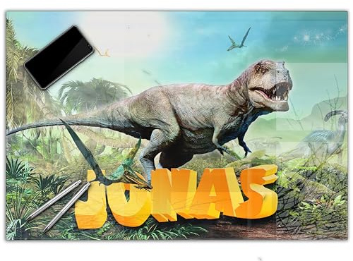 Schreibtischunterlage personalisiert mit Namen | 80 x 50 cm Dinosaurier, Dino | wasserfeste Schreibunterlage, abwischbar, glatt | stabiles, hochwertiges Acrylglas, Kinder Kunststoff