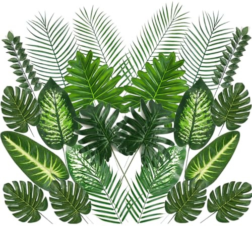 EATBALE Lot de 24 feuilles de palmier artificiels avec tiges pour hawaïen, Luau, Aloha, jungle, plage, anniversaire, fête, barbecue