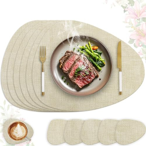 HELI MIAO Platzsets & Untersetzer (6er Set) - Abwaschbare Tischsets mit Lederoptik - Doppelseitigen wasserdicht & rutschfest - Platzdeckchen Telleruntersetzer Für Familienessen - (Oval,Beige)