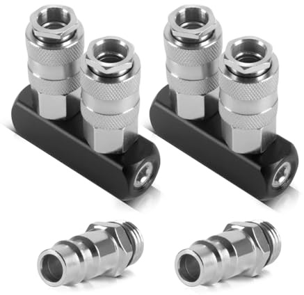 STAHLWERK 2-fach Druckluft-Verteiler 2er Set, Pneumatik-Verteiler bis 35bar | Mit Schnellkupplungen NW 7,2 & 1/4 Anschlussgewinde, aus Aluminium & Messing, robustes Zubehör für Druckluftkompressoren