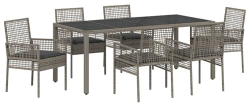 vidaXL Grey Poly Rattan Dining Set - Outdoor 7-Piece Tempered Glass Table & Chairs - UV/Weather Garden/Patio Furniture