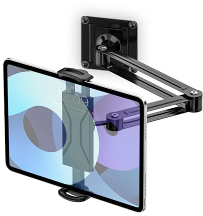 MoKo Universal Tablet Wall Mount, 360° Adjustable iPad Wall Mount for 4.7-14'' Phones and Tablets, Stretchable & Foldable iPad Wall Holder with Aluminium Alloy Long Arm for Kitchen/Gym/Office, Black