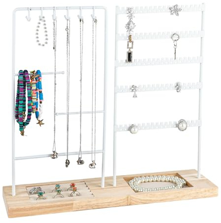 OulQinyhome Organizador de Joyas con Base de Madera Expositor de Metal Blanco a Doble Cara para Collares Pendientes Pulseras y Anillos Soporte Joyero Decorativo Idea de Regalo Mujer