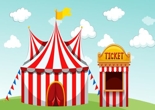 CORFOTO 5.2x3m Rouge Chapiteau de Cirque Toile de Fond Grand Chapiteau Carnaval Thème Fête d'anniversaire Photo Fond Dessin Animé Parc Herbe Ciel Nuage Carnaval Photomaton Bannière Décorations