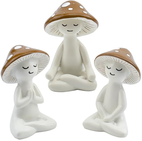 Lovin Product Yoga Pilz Figuren 3er Set Harz Meditation Statuen | Niedliche Tischdeko für Schreibtisch, Wohnzimmer, Garten, Hinterhof & Zimmerpflanzen-Deko, Aus Hochwertigem Harz