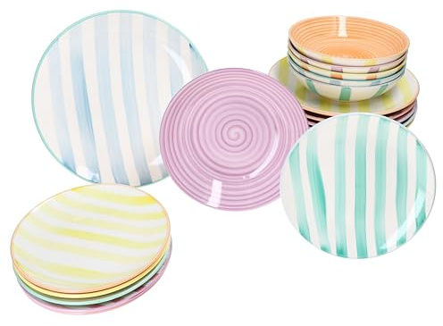 MamboCat Beach Pastello Stripes 18tlg Tellerset I Geschirr-Set aus Steingut mit Pastell-Streifen für 6 Personen I Je 6X Speiseteller, Suppenteller & Kuchenteller