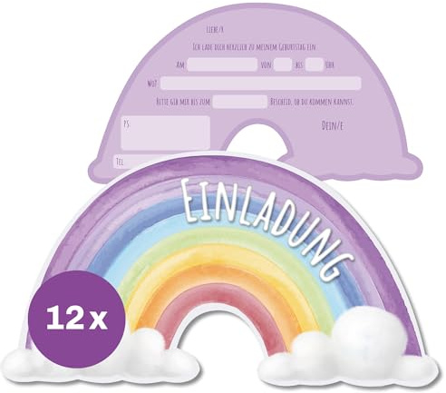 FLYERALARM Regenbogen Einladungskarten Kindergeburtstag I 12 bunte Geburtstagseinladungen für Mädchen und Jungen (20cm x 11cm) Starkes mattes Papier mit fröhlichen Motiven für Kinder