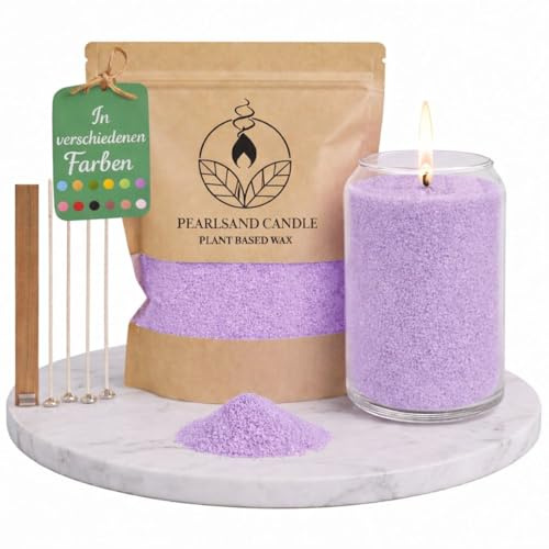 NaDeco Kerzensand mit Docht 400g, Kerzen selber Machen, Kerzenwachs & Kerzendocht, Farbwachs Wax Perlen Kerze Candle Sand, Pflanzliches Wachs Granulat, DIY Basteln Home Deko, Lila