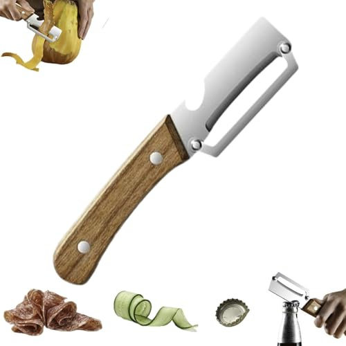 pelapatate multifunzione per cucina, coltello pelapatate professionale 2 in 1 in acciaio inossidabile con manico in legno e apribottiglie, utensile da cucina per patate, cetrioli, zucche, frutta