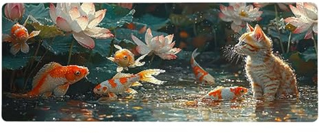 Large Mouse Mat, 30x60cmx3mm, Gaming Mouse Pad, Rubber Base, Stitched Edges, Water Resistant Easy Clean, For All Types, Extend Desktop Protection, Office Men's Gifts, Koi Cat D1YY-593