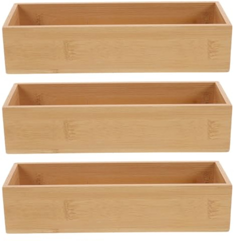 Beatifufu 3pcs Bamboo Open Storage Boxes for Vanity and Kitchen Organising | Stackable Spacious Design, Minimalist Beige Finish, Multifunctional Desktop Sorters for Home Use