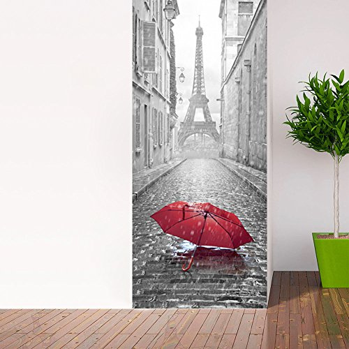 Sticker Porte effet 3D - autocollant Trompe L'œil pour Porte - Décoration pour Porte Cuisine, Salon, Chambre, Salle de Bain - Style Papier peint pour les murs - Parapluie dans Paris - 204 x 83 cm
