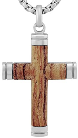 Hanessa Personalisierte Kette mit Gravur Edelstahl 60 cm mit Anhänger Kreuz Holz in silber - Personalisierte Halskette für Männer und Frauen - Personalisierter Schmuck Damen Herren