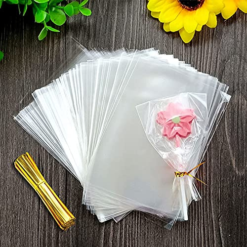 200 Stück Cellophantüten Klein Klar,10x15cm Zellophantüten | Transparent,mit Metallbändern,Einweg, Zellophan mit OPP Beschichtung für Süßigkeiten,Schokolade, Kekse,Geschenke