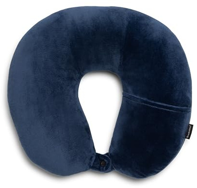 Brookstone Microbead Travel Head and Neck Pillow Lightweight and Plush with Phone or Headphone Pocket, Blue
