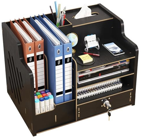 Catekro Schreibtisch Organizer Holz, Briefablage Ablagefächer mit Schublade, Bürozubehör, Ordnungssystem Büro mit Aktenhalter für Büro Bedarf Dokumentenablage Schwarz