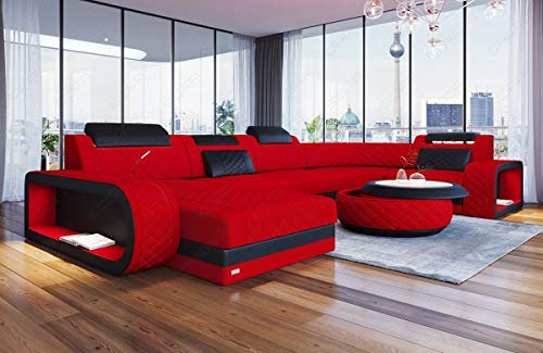 Sofa Dreams Stoff Wohnlandschaft Berlin - mit LED Beleuchtung, verstellbare Kopfstützen, Ottomane/Mikrofaser/Ausrichtung wählbar (Ottomane Links, Schwarz-Rot)