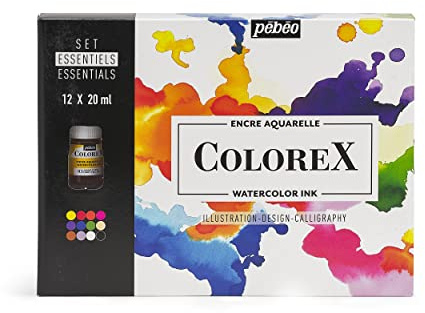 Pebeo Colorex - Scatola 12 Flaconi Assortiti 20 ml - Kit Disegno Illustrazione Manga - Inchiostro Acquerello Colori Complementari