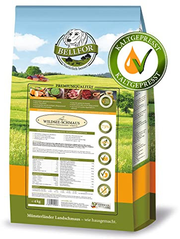 Bellfor Wildsee-Schmaus Hochwertiges Getreidefreies Hundetrockenfutter mit Ente mit hoher Verdaulichkeit ohne tierische Nebenerzeugnisse (4 kg) - Hundefutter mit hohem Fleischanteil.