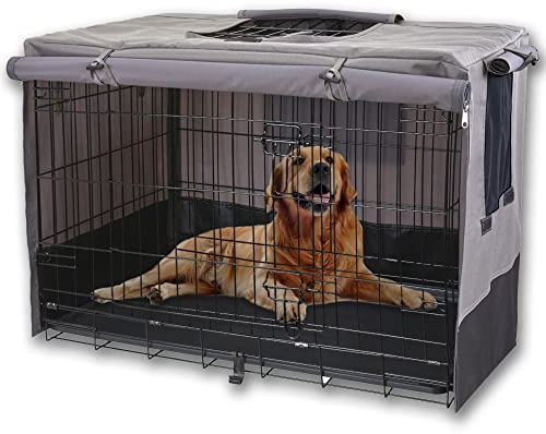 Rachmi Sichtschutz-Hundekäfig-Abdeckung, 107 cm, strapazierfähig, 600D-Segeltuch, wasserabweisend, winddicht, für Universal-Drahtkiste mit Doppeltüren, (109 cm L x 73 cm B x 79 cm H, grau/schwarz)