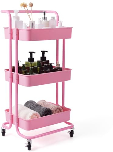 GOPLUS 3-stöckiger Servierwagen mit Rollen, Küchenwagen Metall, Rollwagen für Badezimmer, Küche, Kinderzimmer, Allzweckwagen mit 3 Etagen, Aufbewahrungswagen mit 2 Bremsen (Rosa)