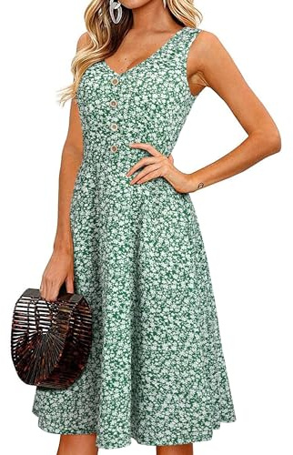 II ININ Women's Summer V Neck Sleeveless Casual Button Down Tank Dress Midi Floral Beach Party Sundress with Pockets