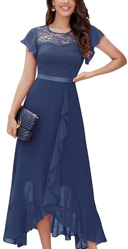 Berylove Formal Evening Dresses for Women – Wedding Dresses, Short Sleeves, Ruffled, Long Evening Dresses, Prom Dresses, M