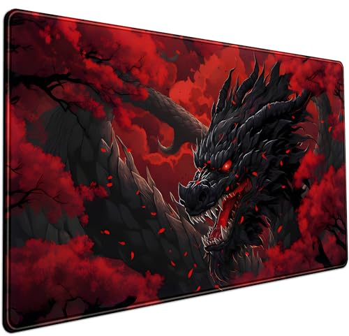 Großes Mauspad mit großem Drachen, rot und schwarz, rote Schreibtischmatte, große volle Tastatur und Mauspad, Coole Schreibtischunterlage für Tastatur, Maus mit genähten Kanten, rutschfest, lustige