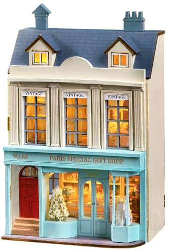 CUTEROOM Miniatur Haus, DIY Puppenhaus Set aus Holz, Mini Hausbau-Set mit Möbeln und LED Licht, Geburtstagsgeschenk für Frauen und Mädchen (Gift Shop)