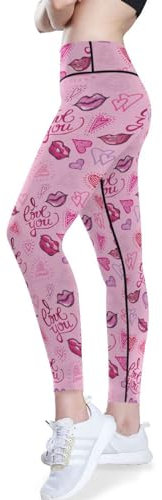 GuoChe Leggings und Yogahosen für Damen, Valentinstag, Love You, romantische Herzen, Lippen, Rosa, dehnbar, Bauchkontrolle, Leggings mit, Valentines Love You Romantische Herzen Lippen Rosa, L