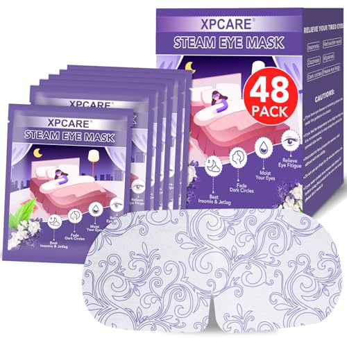 XPCARE 48 Pack Steam Eye Masks for Dry Eyes, Self Heated Steam Warm Eye Mask, Disposable Heated Eye Mask for Dark Circles, Puffy Eyes, Relief Stress Eye Fatigue（Lavender）