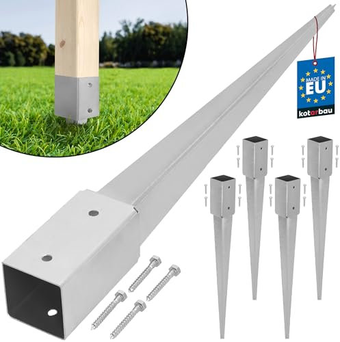 KOTARBAU® Set di 4 manicotti per pavimenti, 51 x 51 mm, lunghezza 600 mm, zincato a caldo, in acciaio, per pali di recinzione, in legno, ancoraggio a terra, per pali in legno