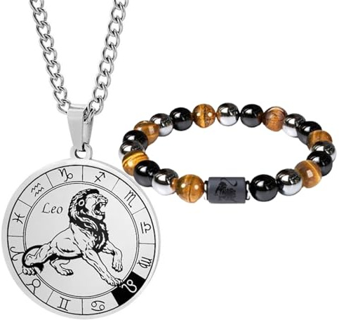 Collier et bracelet signe du zodiaque homme - Pendentif en acier inoxydable - Bracelet élastique - Cadeau d'anniversaire
