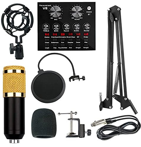 AKALNNB Condenser Microphone Bundle, V8 Condenser Microphone Bundle with Bm-800 Live Sound Card, Live Sound Card with Effects and Voice Changer, Microphone Kit for