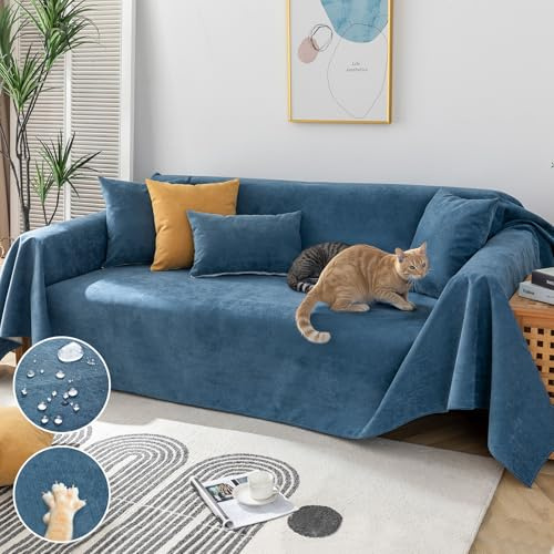 Royhom Kratzschutz Sofa Katze, Chenille Sofa Überzug Wasserdicht, Sofaschoner rutschfest, Couch Überzug Ecksofa, Sofabezug L Form, wasserdichte Decke, Couch Überwurf Blau, 380x180 cm