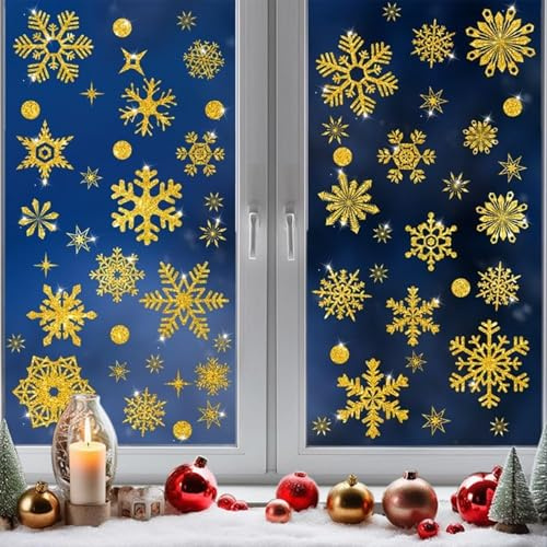 Schneeflocken Fensterbilder Weihnachten Selbstklebend, 93 Stk Glitter Gold Fenstersticker Weihnachten, Schneeflocken Fensterdeko Weihnachten Fensterbilder,Fensteraufkleber für Weihnachtsdeko Fenster