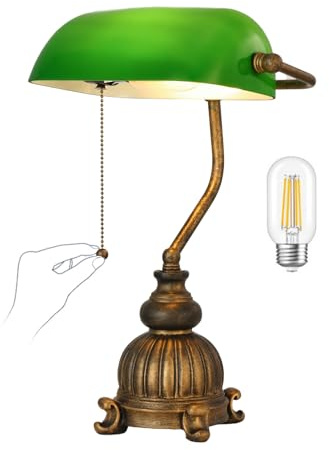 Newrays Lampada da scrivania retrò in vetro verde per ufficio domestico, biblioteca con interruttore a catena e presa di corrente, lampadina LED inclusa