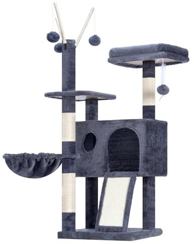 Hey-brother Kleiner stabil Kratzbaum, mit abnehmbaren Spielzeugen, MPJ008SG | 105 cm Katzenbaum mit Höhle, Plattform, Katzenkorb, Sisalkratzplatte und Plüschkugel, geeignet für Kätzchen, Rauchgrau