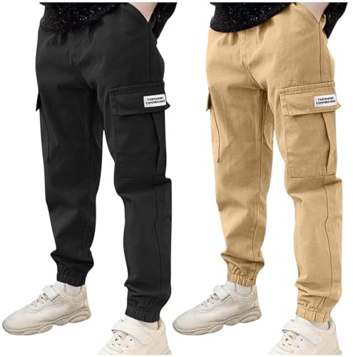 duxyoz Lot de 2 pantalons cargo pour garçons - Pantalons de sport pour enfants avec plusieurs poches à taille élastique - Pantalons de sport durables et décontractés en coton - Couleur unie - Style