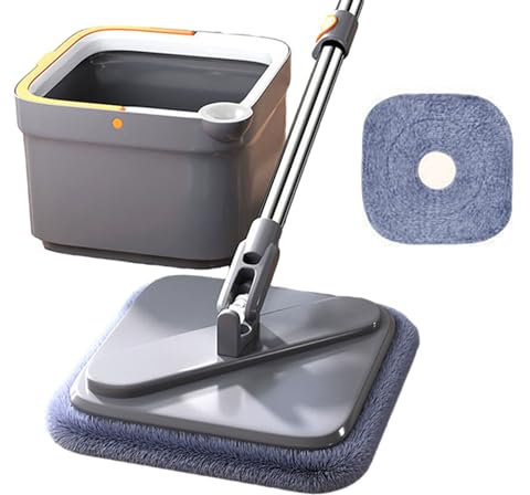 M16 Spin & Clean - Juego de trapeador giratorio - Sistema de limpieza de suelos de lavado automático con cubo cuadrado, 1 fregona, 6 cabezales de fregona reutilizables para un cuidado del suelo sin
