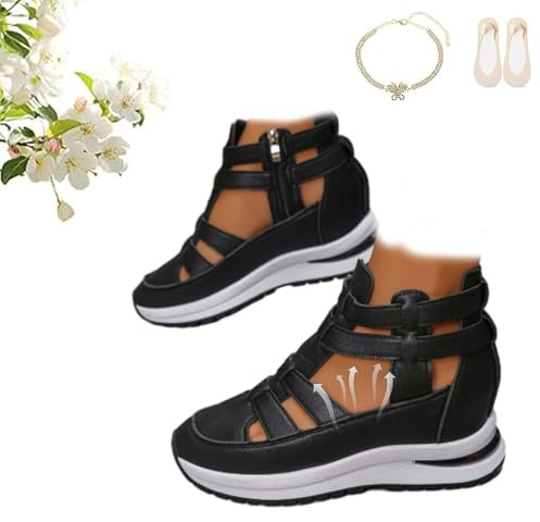 Sandales compensées confortables et légères avec fermeture éclair latérale pour femme, baskets compensées respirantes à bout fermé, baskets romaines confortables décontractées élégantes, Noir , 0 UK