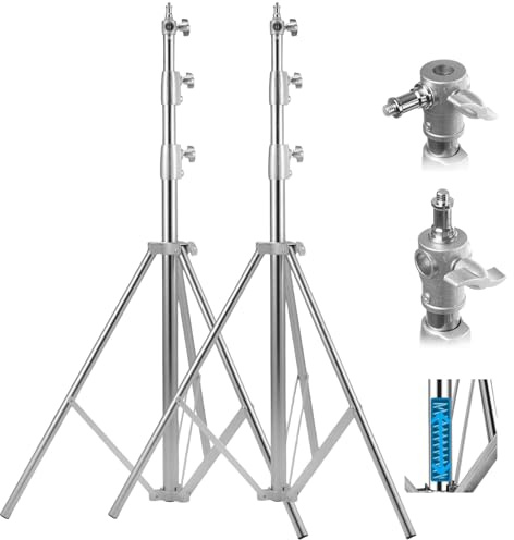BOLLUMA Stainless Steel Light Stand 280cm, Heavy Duty Photography Tripod Stand with 1/4 to 3/8 Reversible Spigot, 7.5kg Load, Stainless Steel, for Video Light Strobe Reflector Softbox, 2 Packs