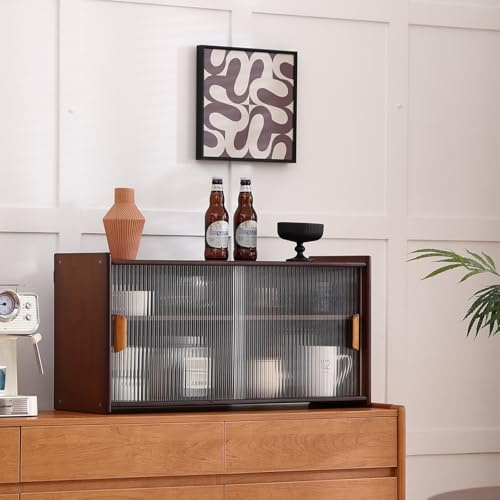 Furlide Wall Mounted Bamboo Countertop Storage Cabinet with Glass Door, Hanging Kitchen Cupboard with Adjustable Shelves, Small Pantry Sideboard for Dining Room, Bathroom, Walnut