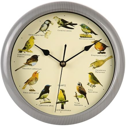 12 Species Bird Song Clock, 10 Inch Birdsong Clock, Novelty Chiming Wall Clocks, Vintage Birds Clocks with Sound, Green Nature-Inspired Design Talking Bird Decorative for Home, Gift for Birds Lovers